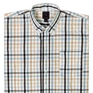 FX Fusion Mens 2X Short Sleeve Button Down‎ Shirt Plaid Blue Tan Black Cotton